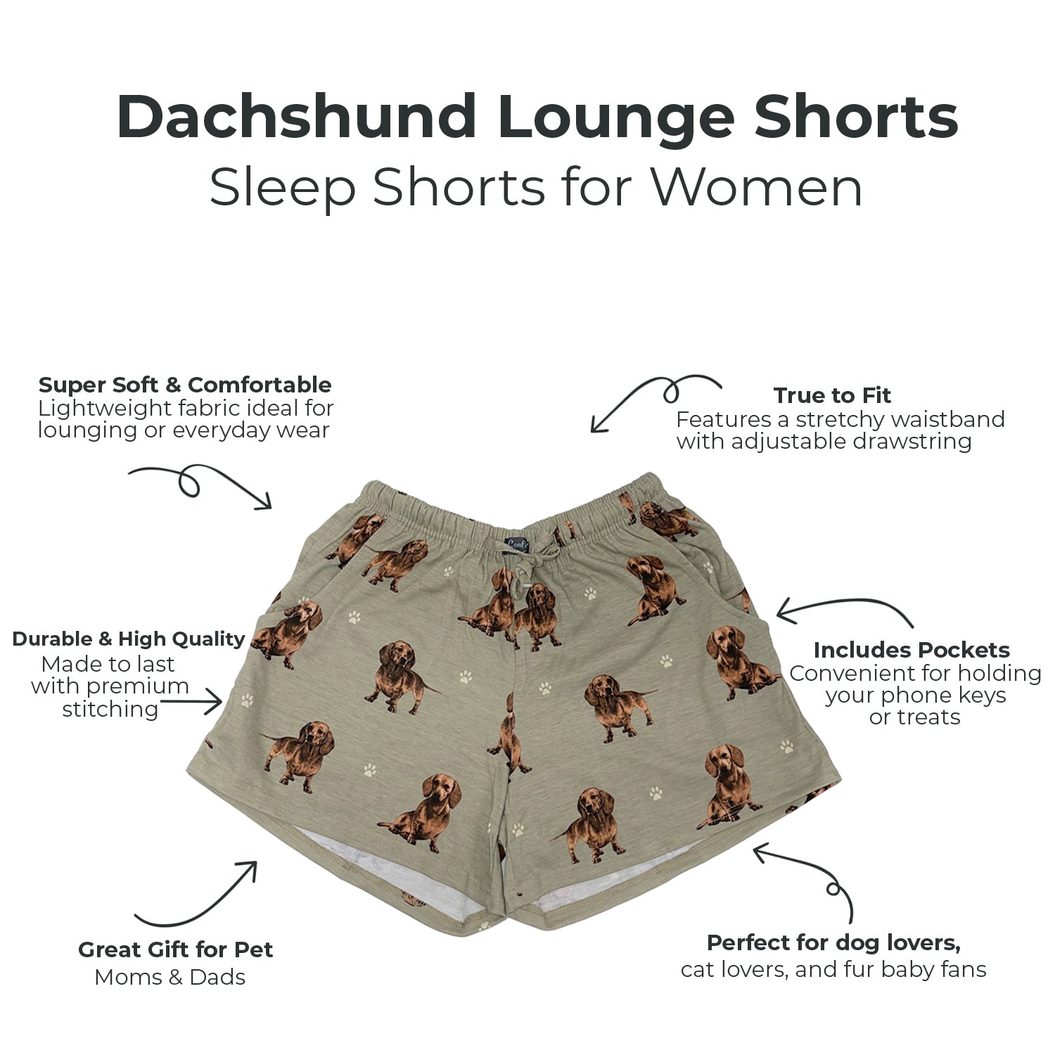 Dog Print Womens Lounge Shorts - Soft Comfy Summer Shorts with Pockets