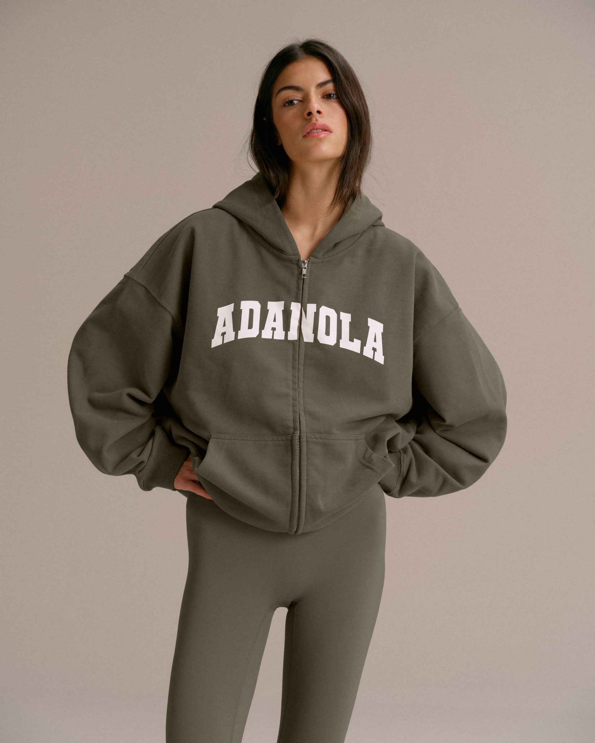 Varsity Oversized Full Zip Hoodie - Olive Green/Marshmallow White