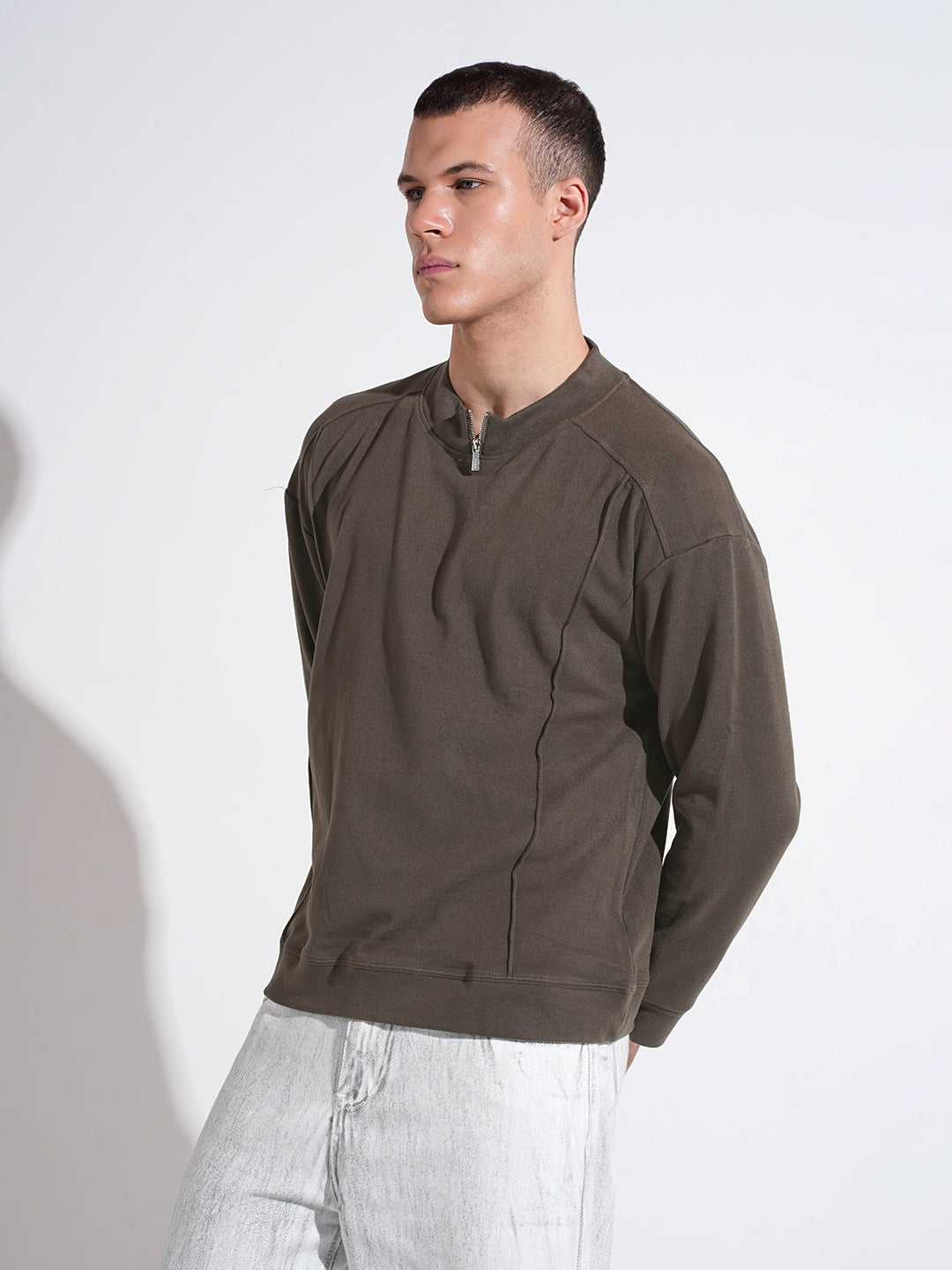 Men's Grey Mock Collar Ribbed Sweatshirt