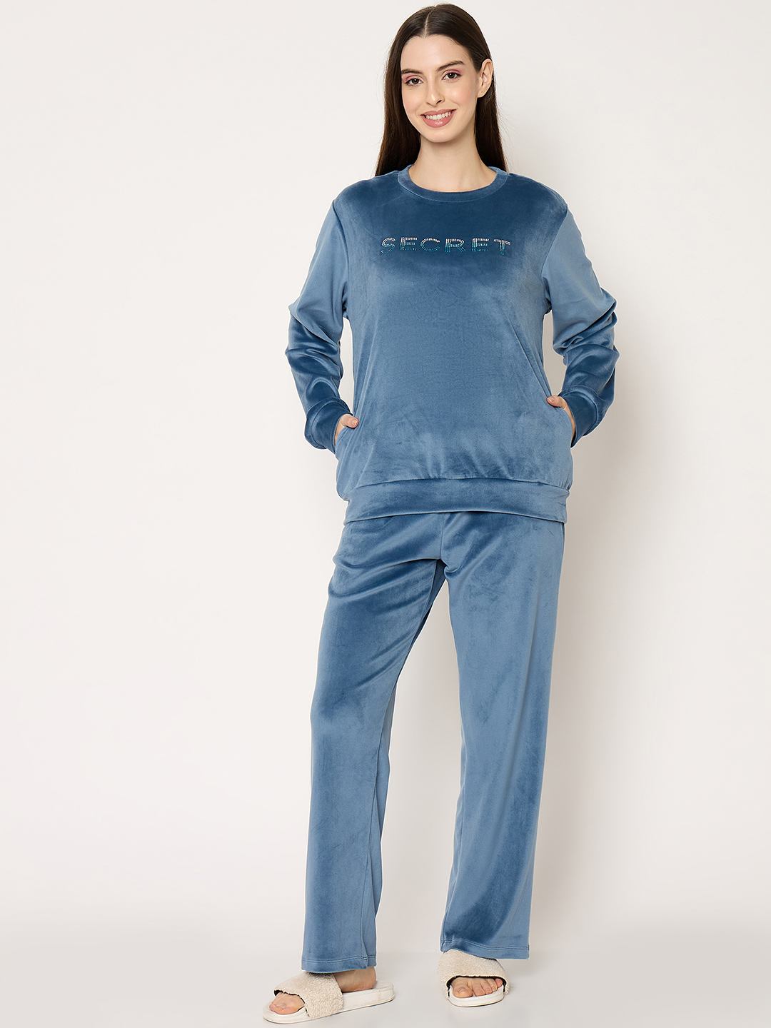 mSECRET Round Neck Embellished Teal Sweatshirt