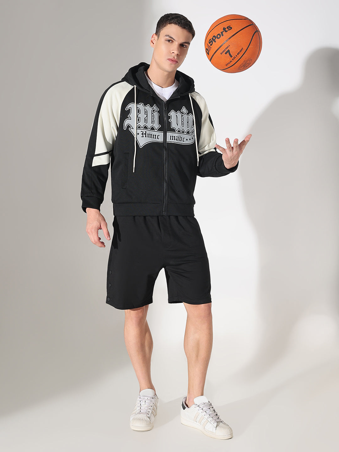 Men's Typography Black Grey Graphic Slim Fit Zip Up Hoodie