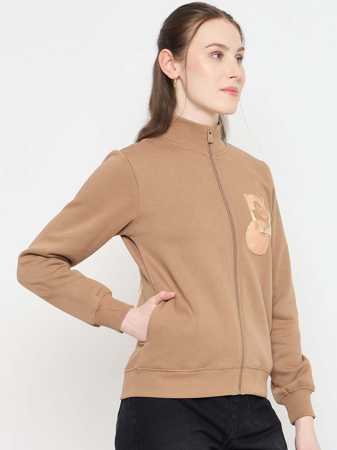 Madame Beige Mock Neck Sweatshirt with Graphic Print Pocket Patch