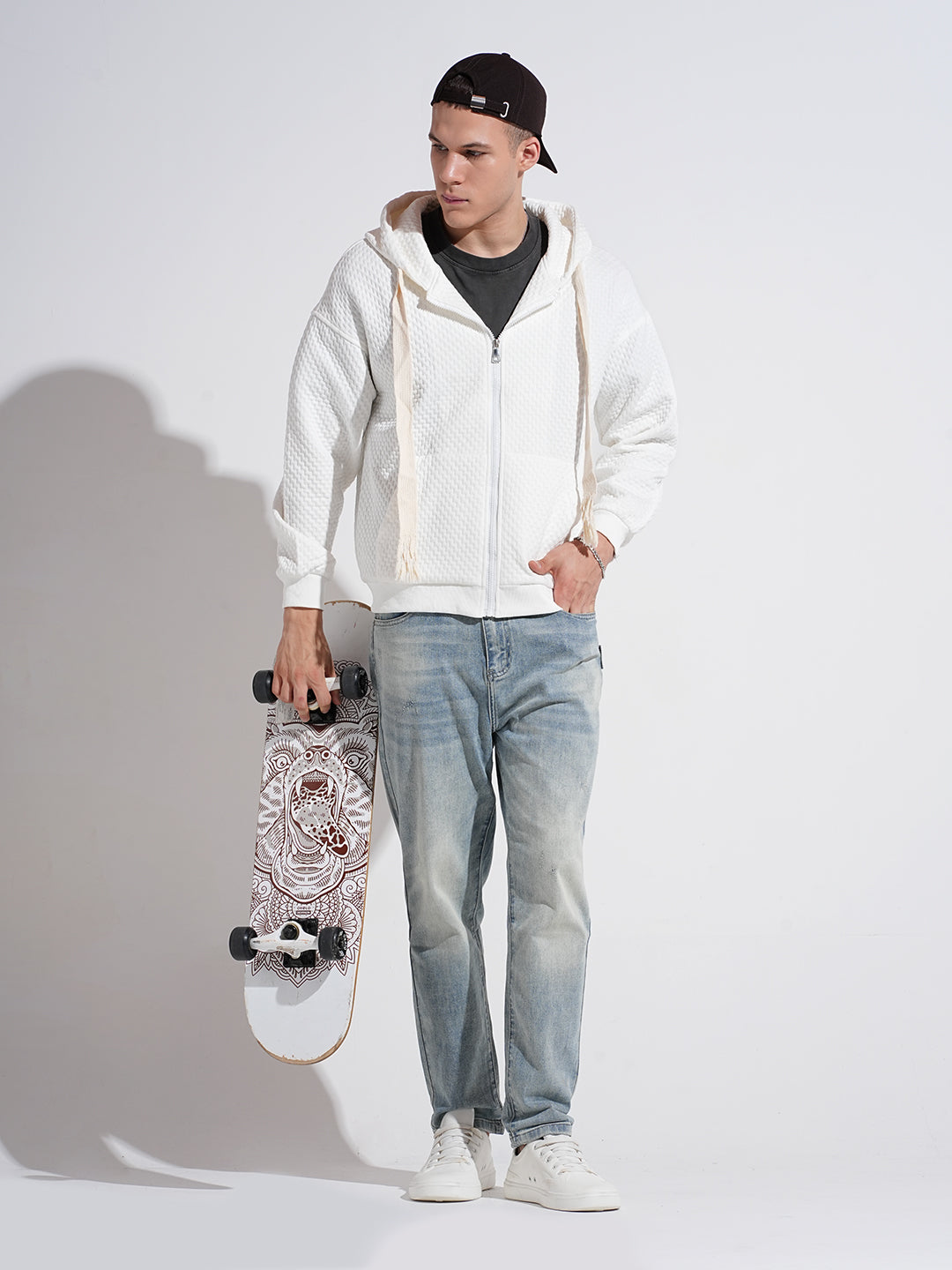 Men's Textured Off White Ribbed Regular Fit Zip Up Hoodie