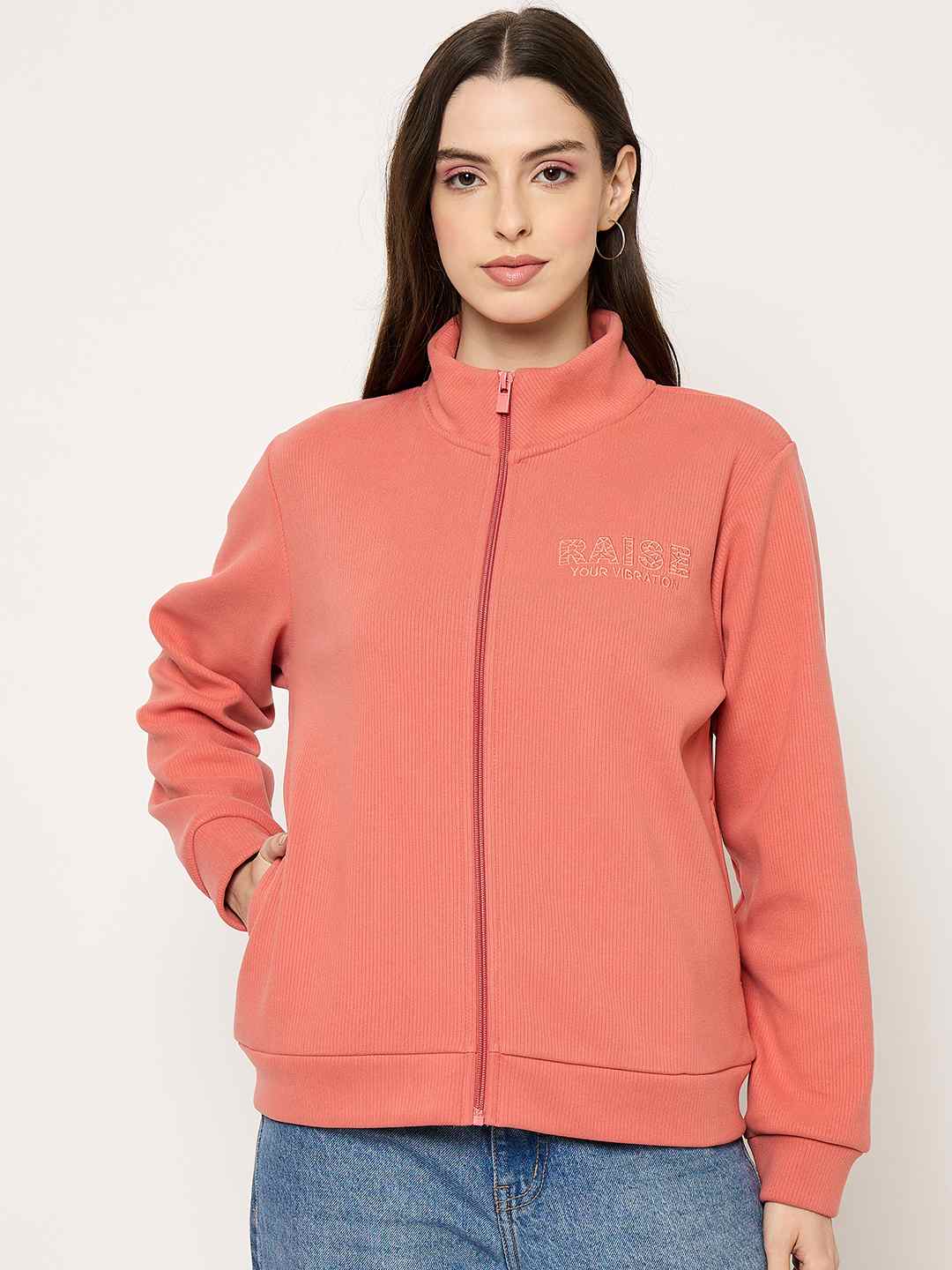 Madame Mock Neck Solid Peach Sweatshirt