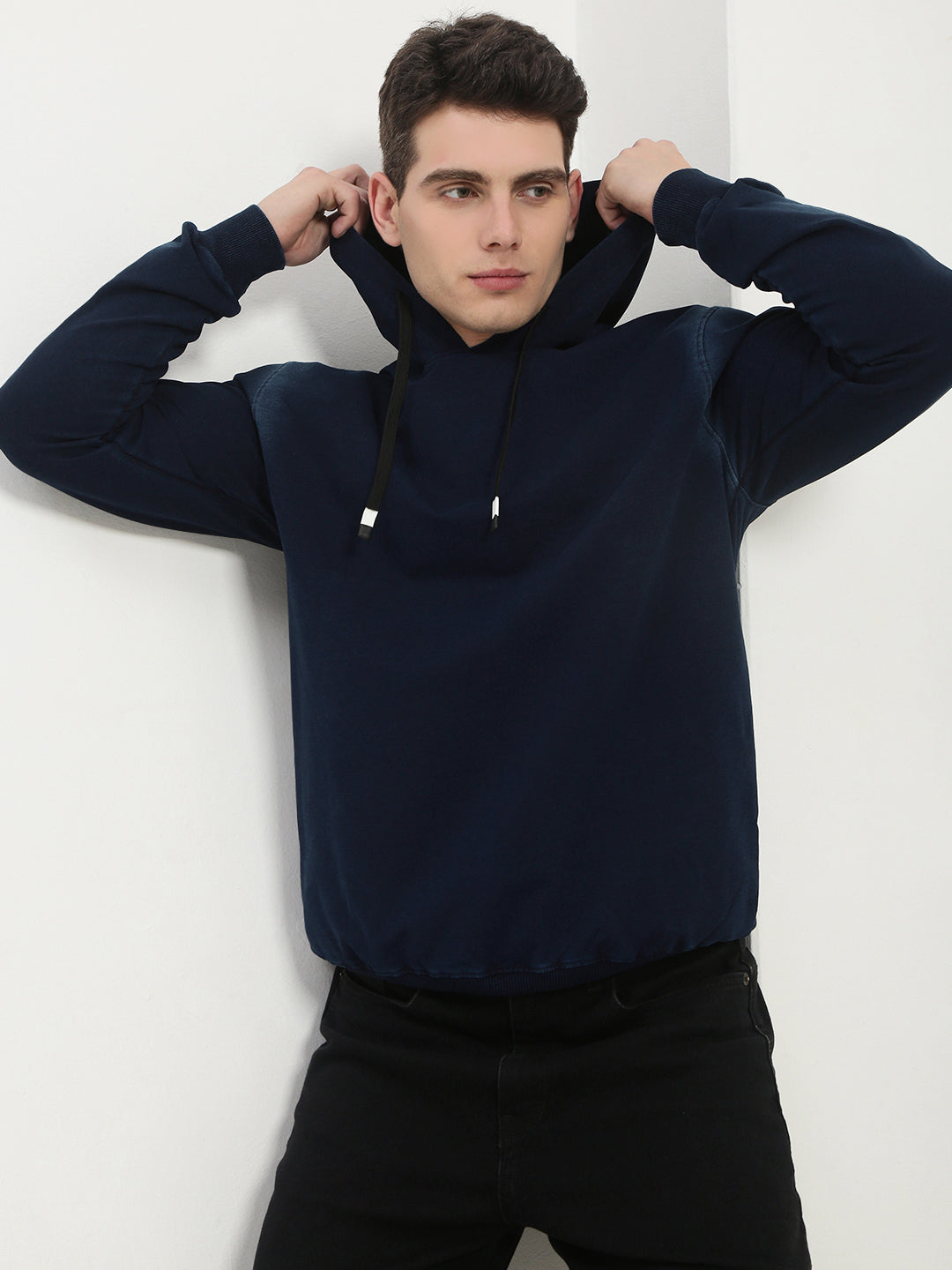 Men's Navy Blue Solid Hooded Sweatshirt