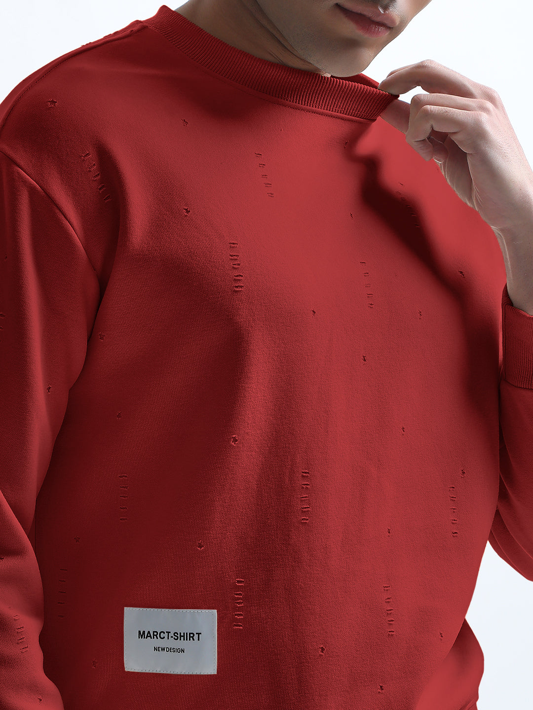 Men's Maroon Round Neck Ribbed Sweatshirt with Distressed effect