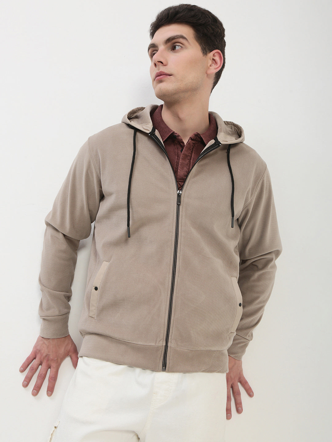Men's Beige Solid Hooded Sweatshirt
