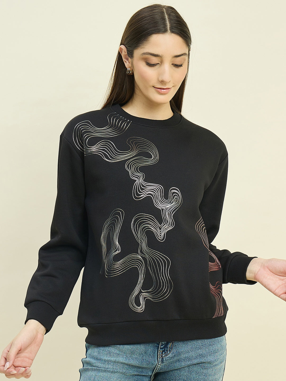 Madame Black Cotton Blend Printed Sweatshirt