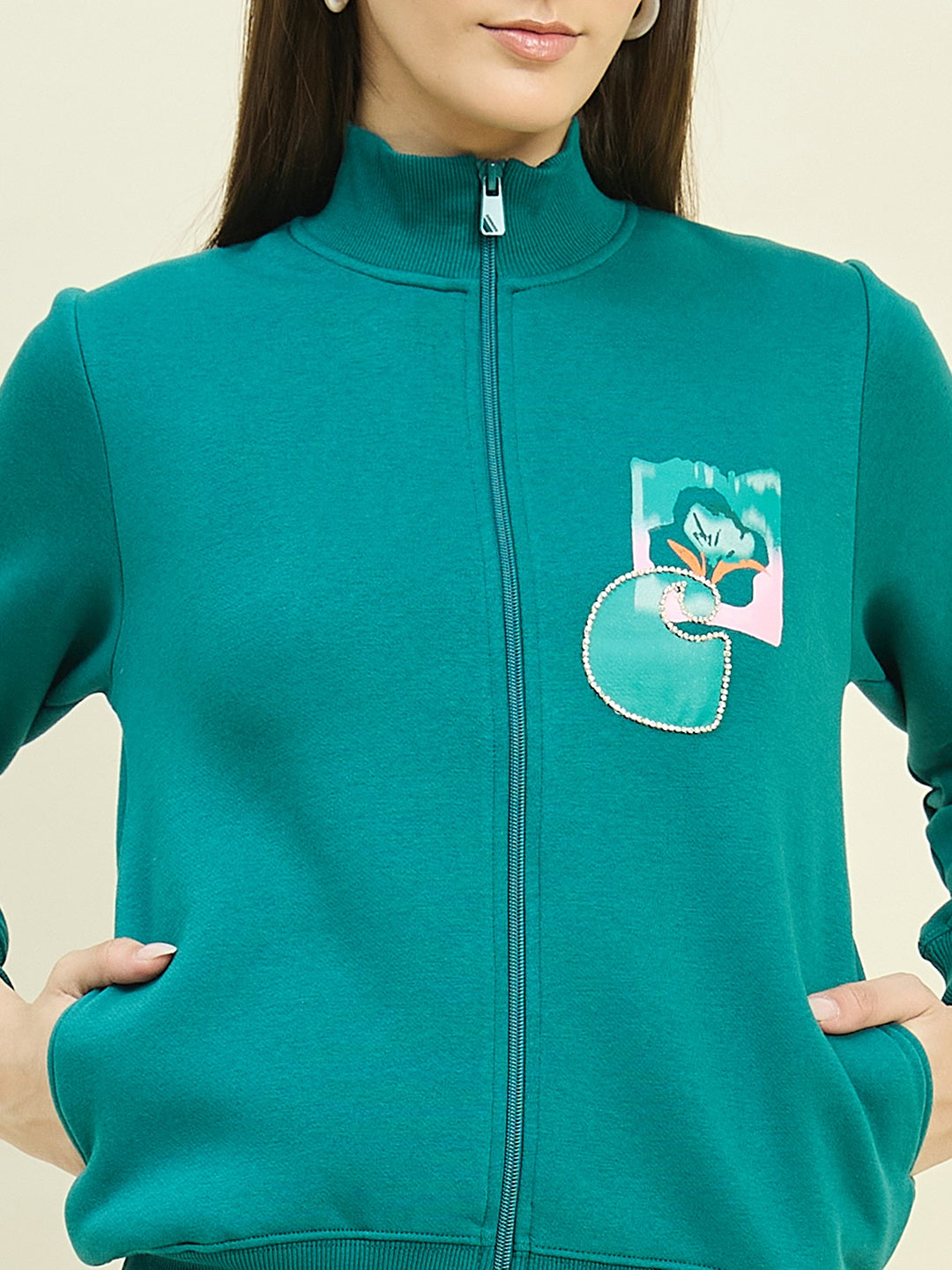 Madame Teal Blue Cotton Blend Sweatshirt