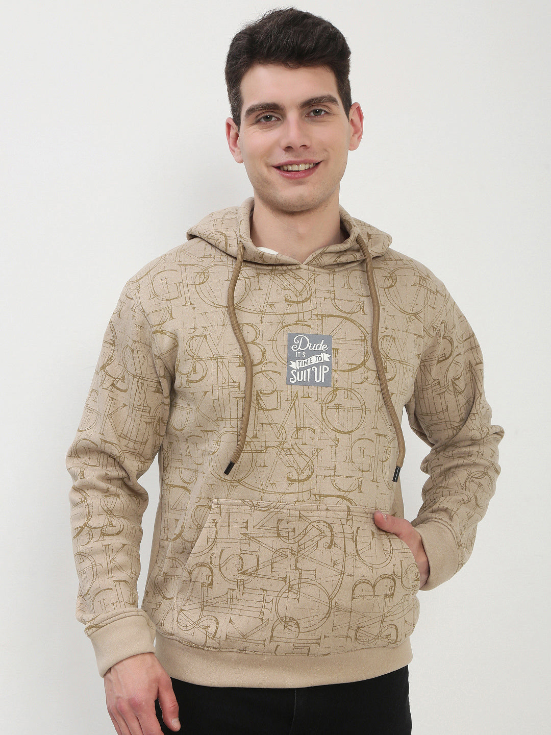 Men's Beige Typography Hooded Pullover Sweatshirt