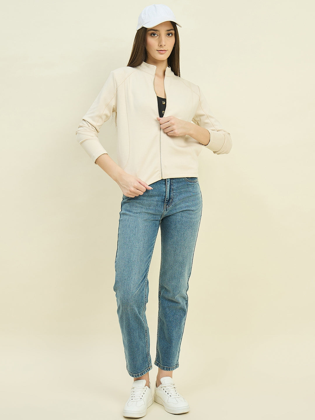 Madame Beige Cotton Blend Mock Neck Sweatshirt