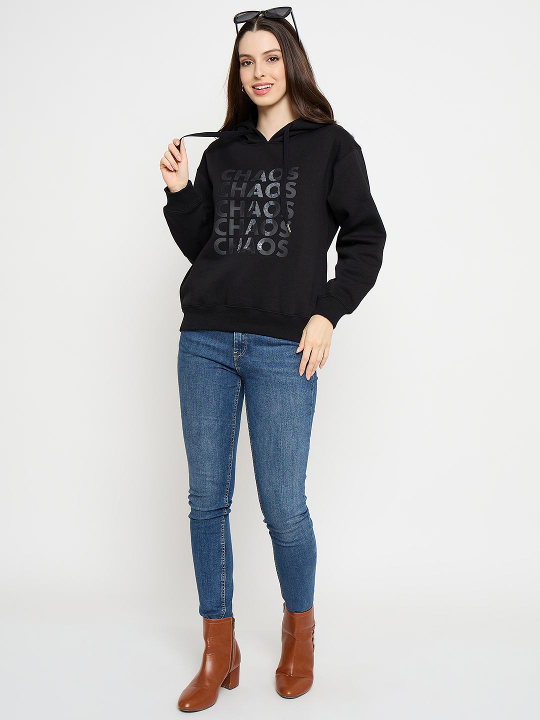 Madame Typograpy Print Hooded Cotton Blend Black Sweatshirt