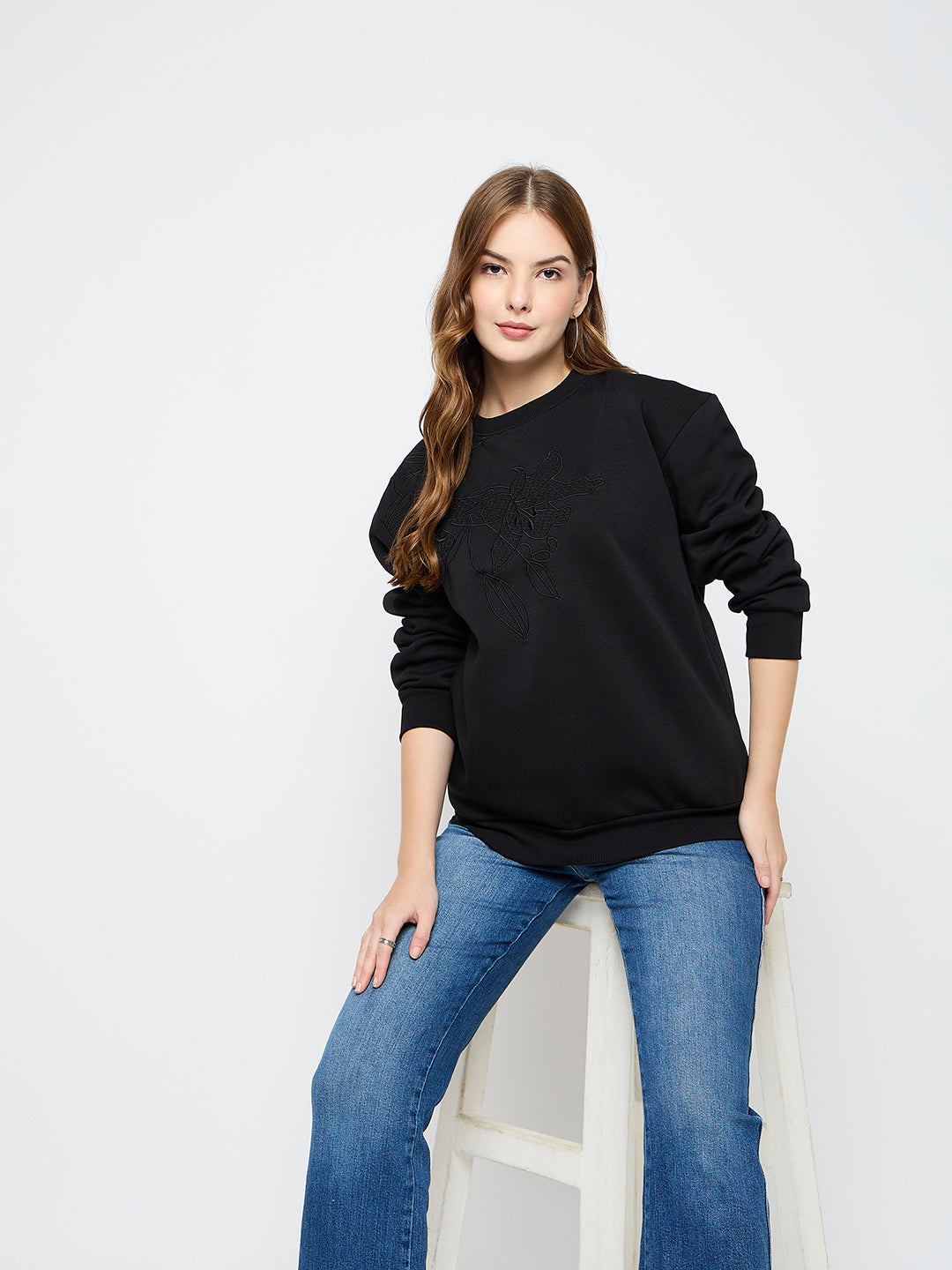 Madame Solid Black Cotton Blend Sweatshirt