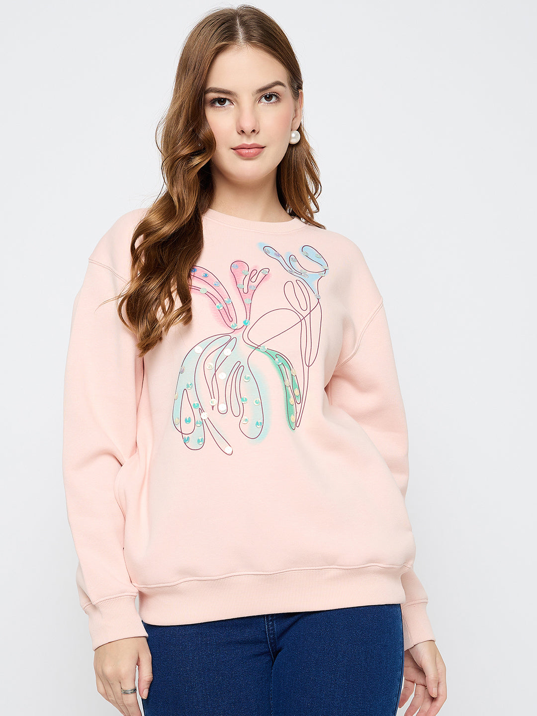 Madame Embellished Print Cotton Blend Peach Sweatshirt