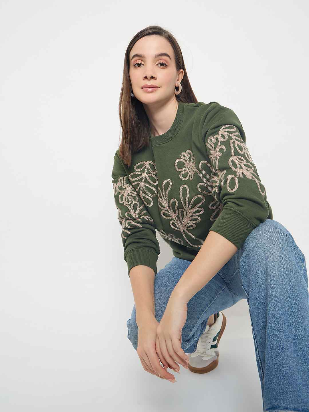 Madame Floral Embroidery Cotton Blend Green Sweatshirt