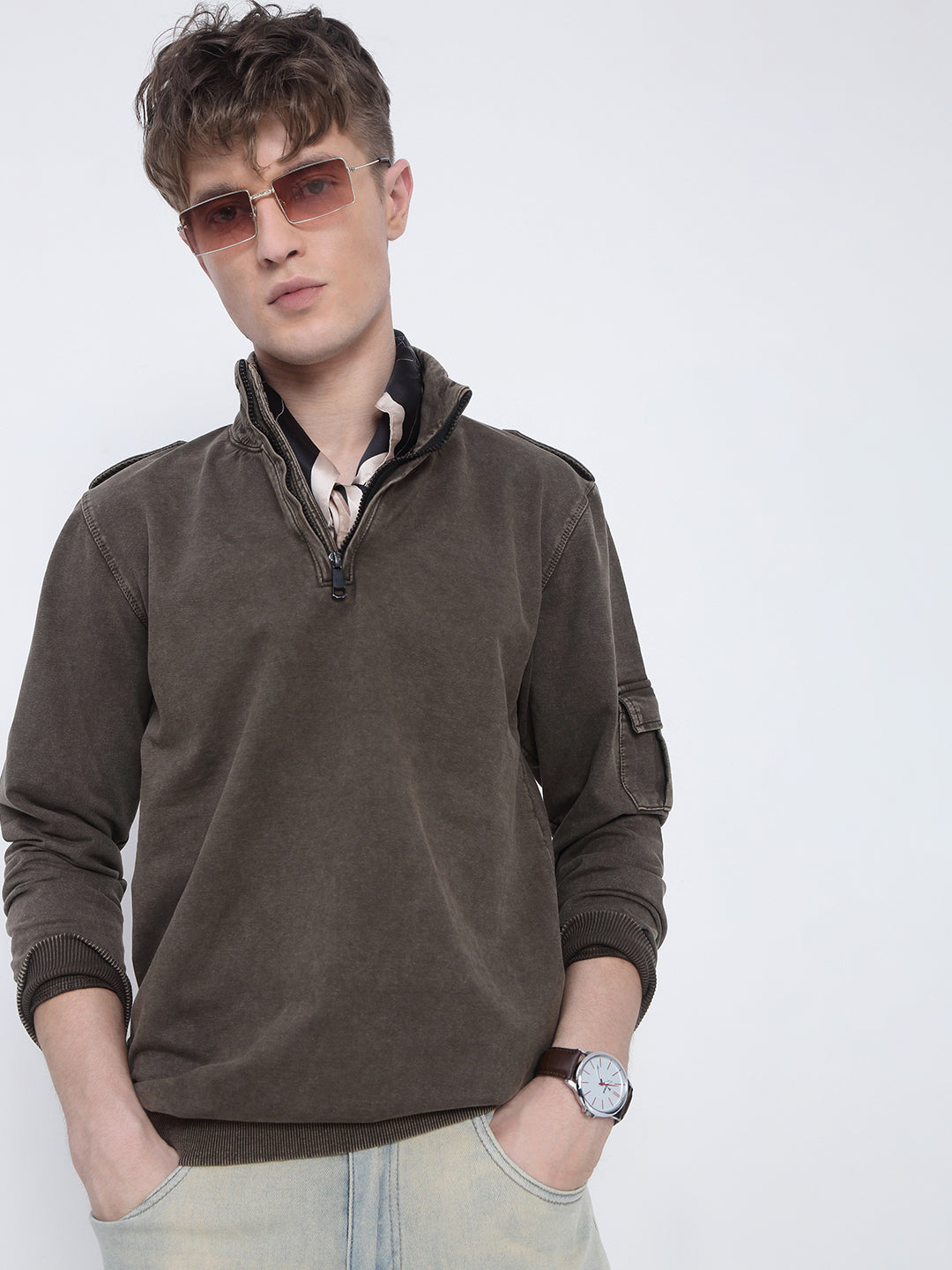 Men's Brown High Neck Zippered Sweatshirt