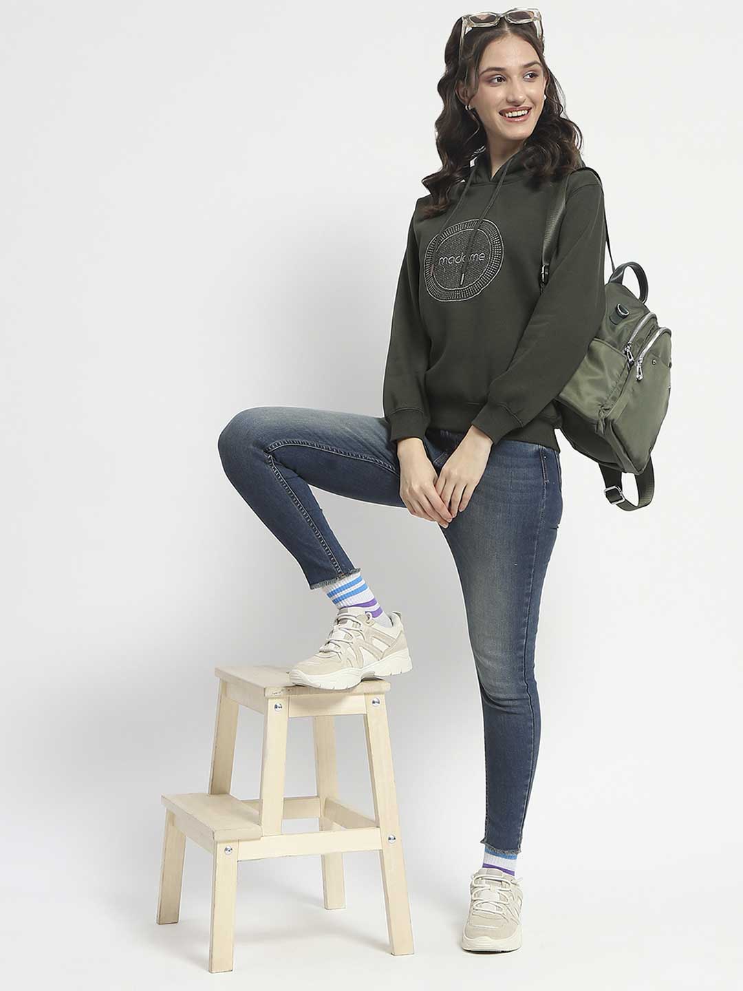 Madame Abstract Print Hooded Olive Cotton Sweatshirt