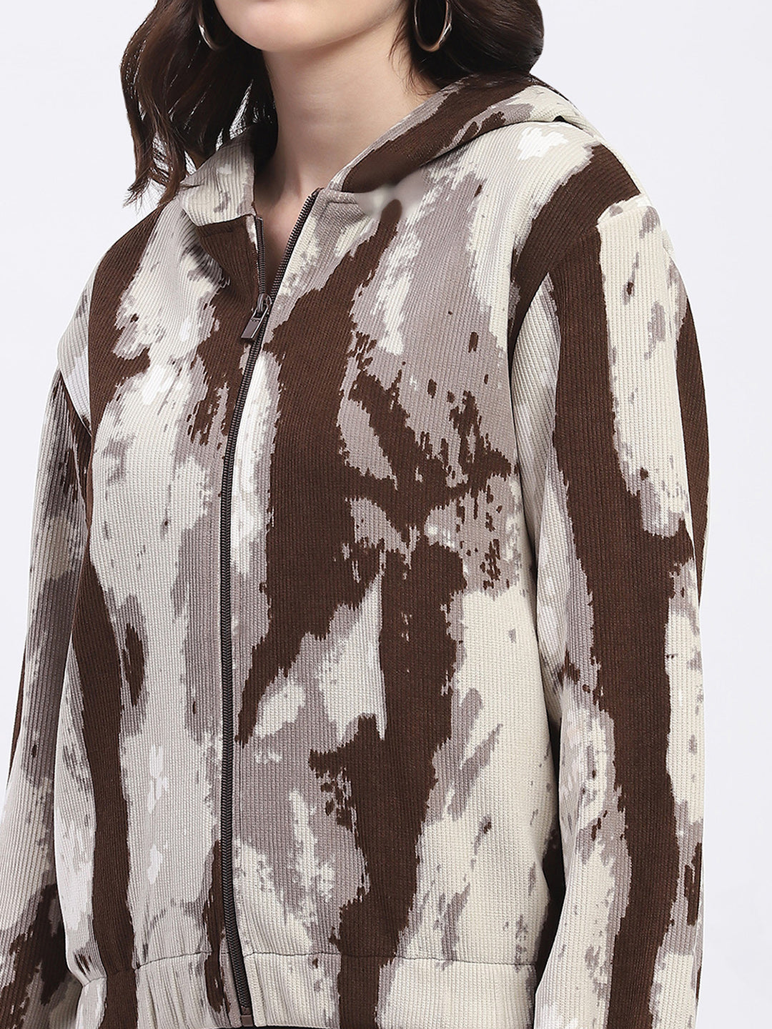 Madame All Over Print Zipped Brown Hooded Sweatshirt For Women