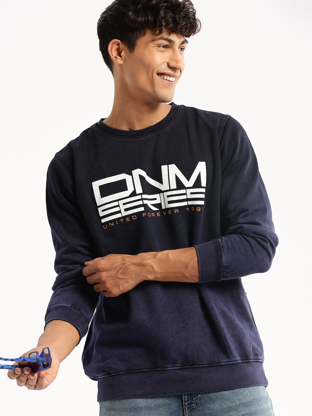 Men's Navy Blue Typography Printed Cotton Slim Fit Pullover