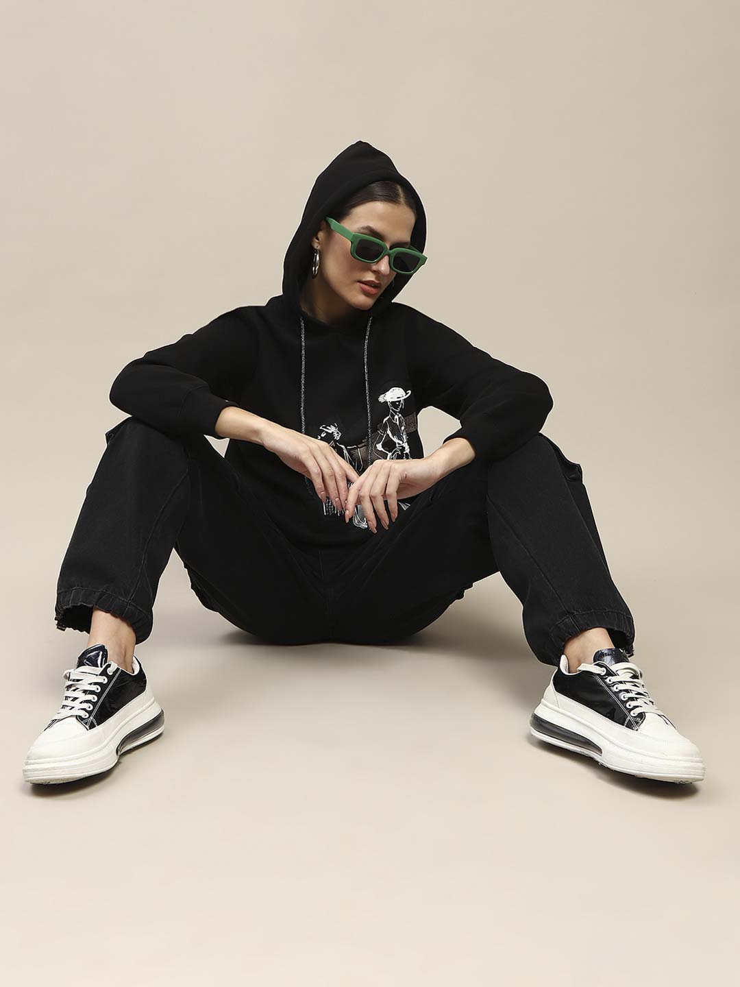 Madame Fleece Placement Print Black Hooded Sweatshirt