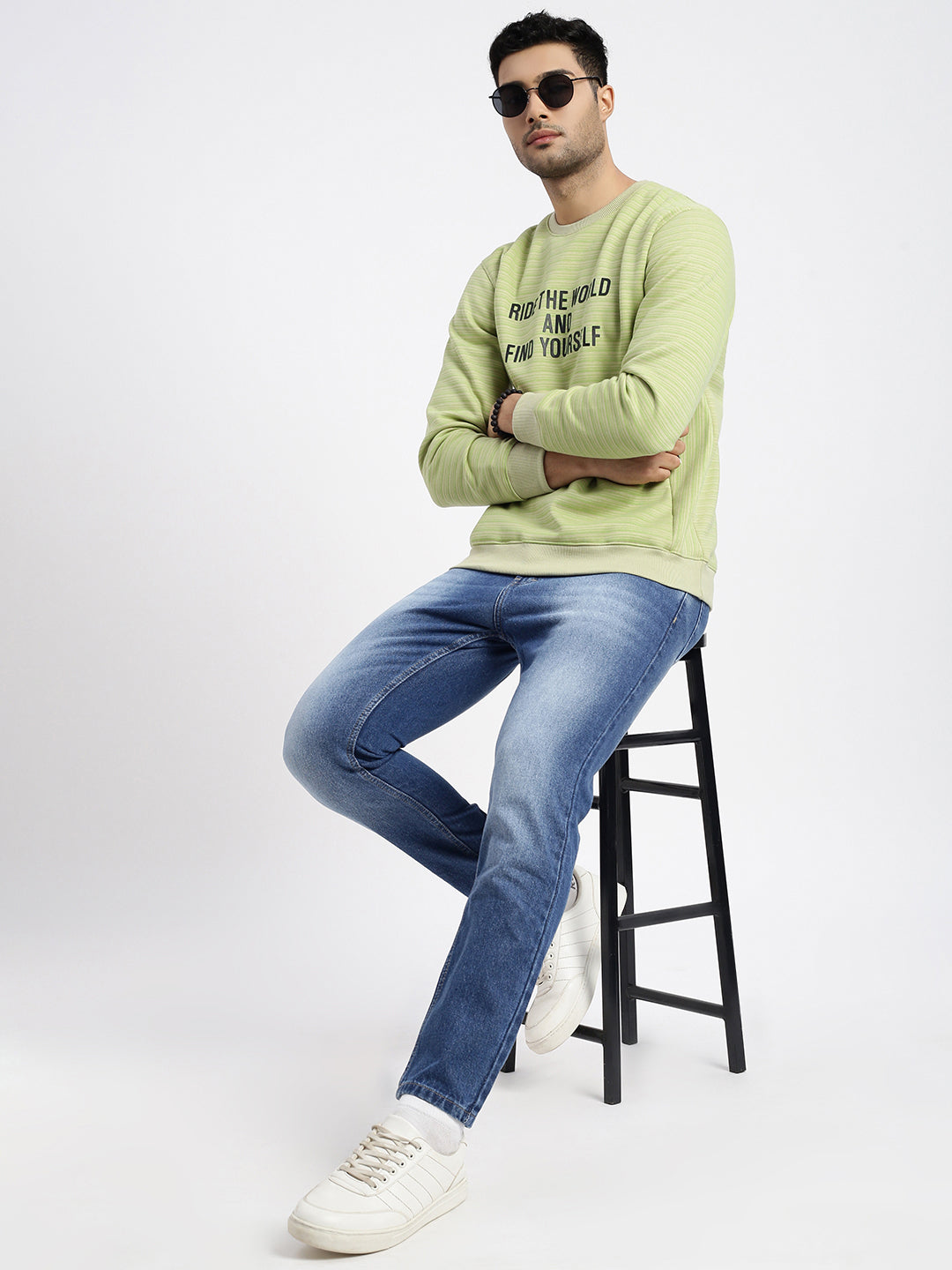 Men's Green Striped Round Neck Sweatshirt