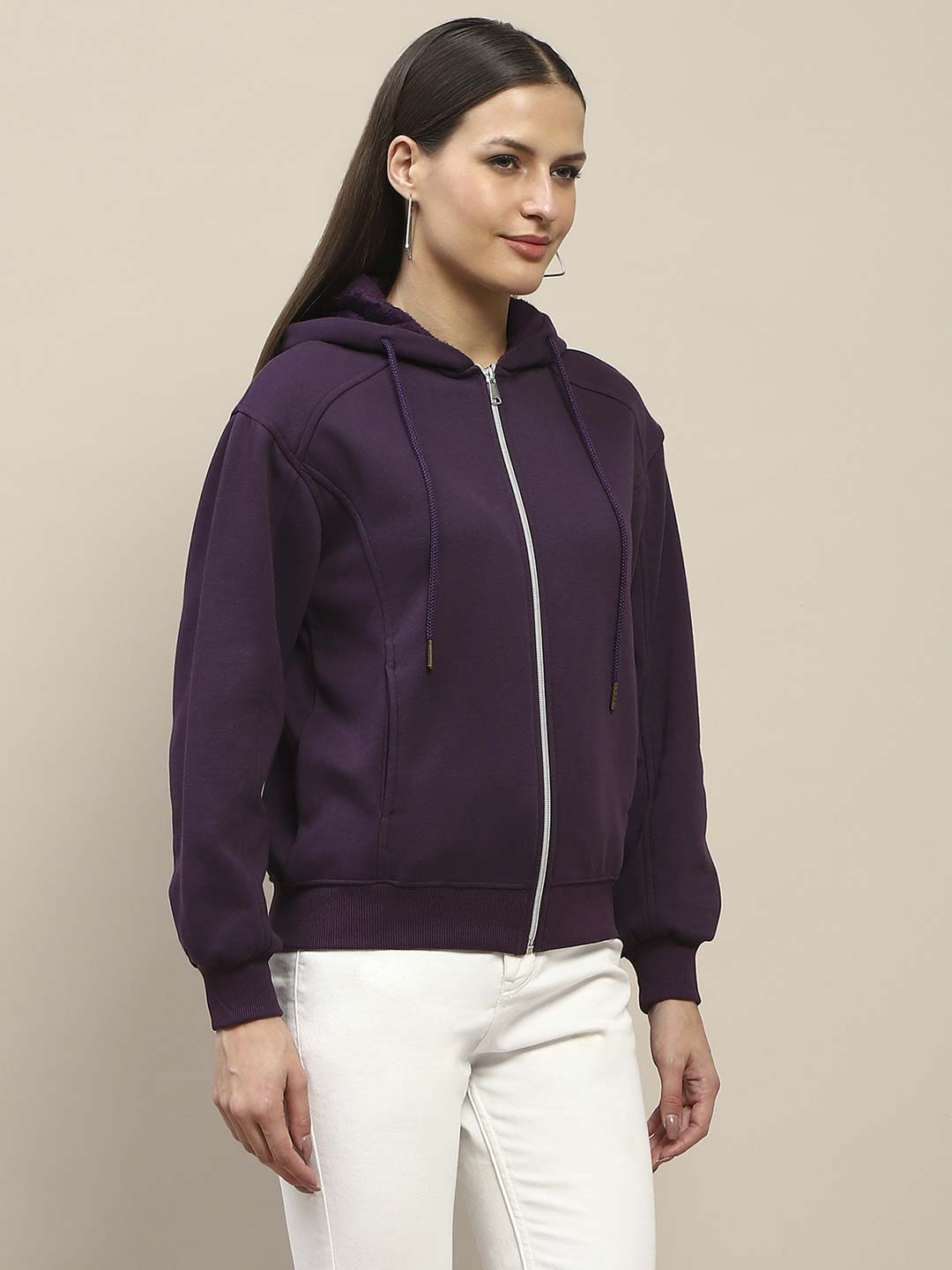 Madame Fleece Cut And Sew Detailed Zipped Purple Hoodie
