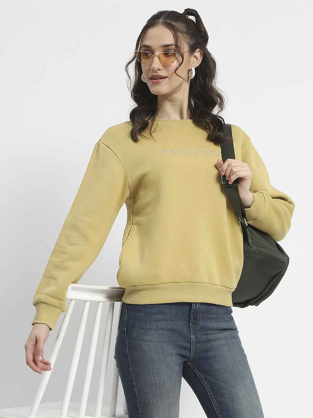Madame Fleece Handwork And Embroidered Golden Yellow Sweatshirt For Women