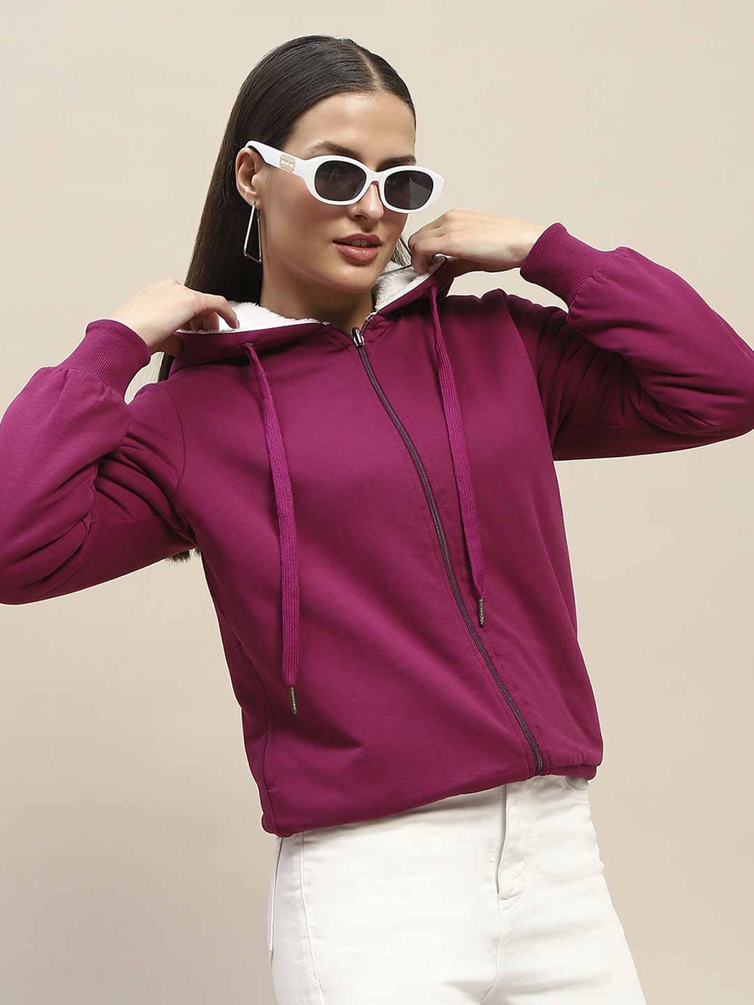 Madame Fur Hood Metal Detailed Plum Zipped Sweatshirt