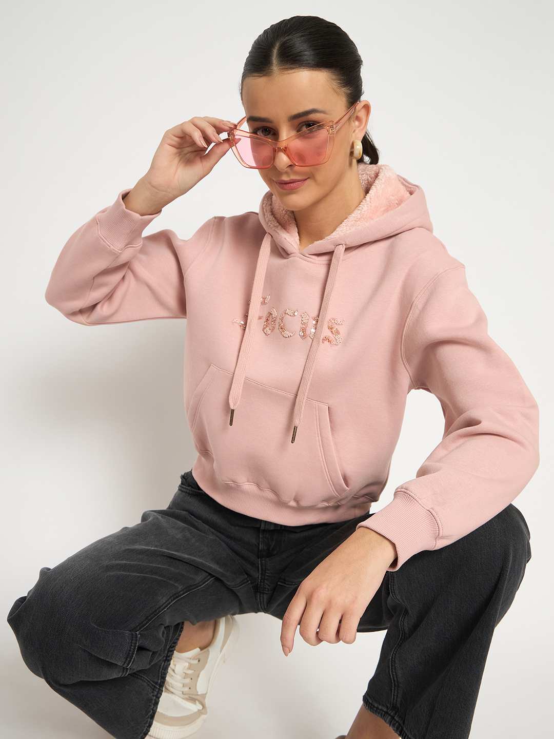 Madame Fleece Placement Printed Handwork Detailed Dusty Pink Sweatshirt