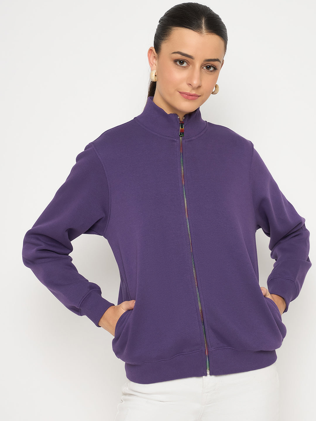 Madame Fleece T Neck Front Zip Purple Sweatshirt