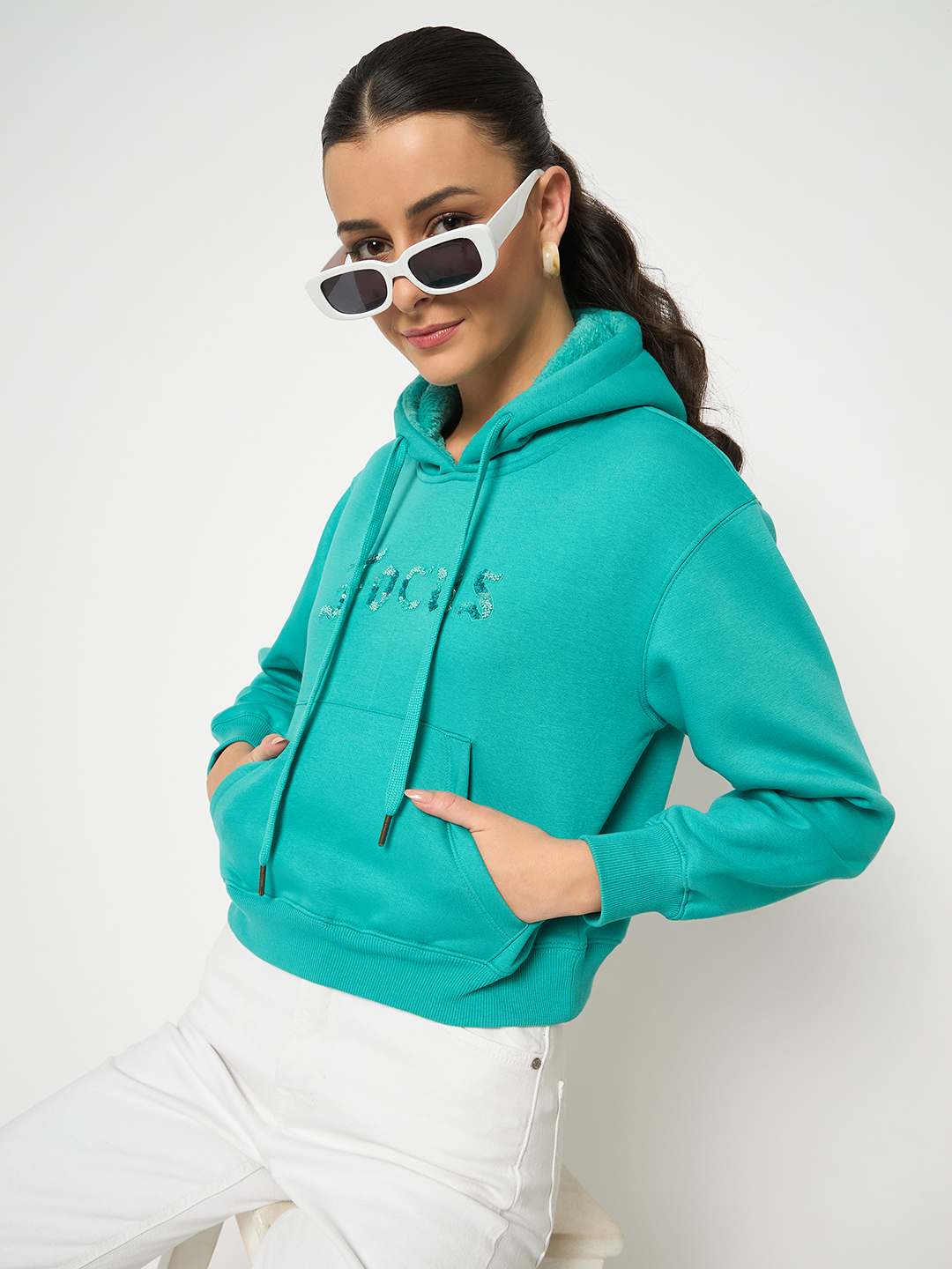 Madame Fleece Placement Printed Handwork Detailed Turquoise Sweatshirt