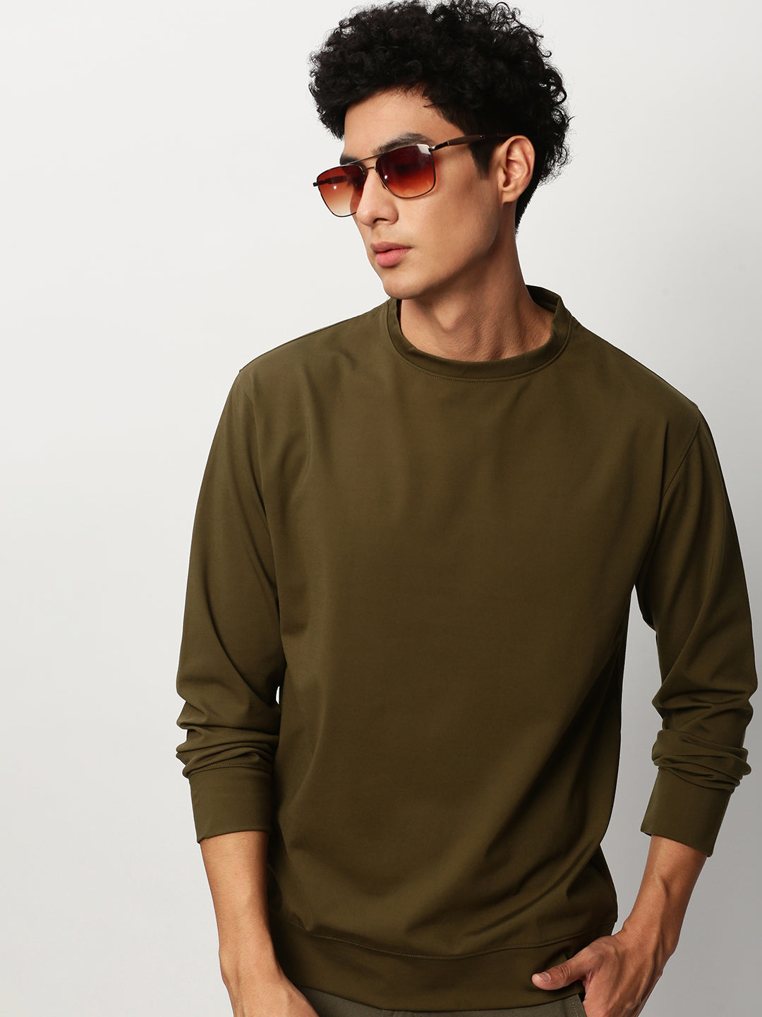 Men's Olive Round Neck Long Sleeves Cotton Pullover