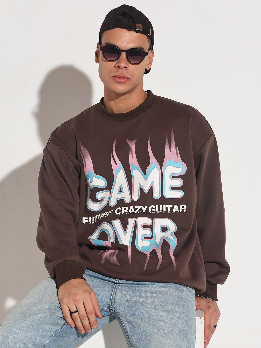 Men's Typography Brown Graphic Printed Round Neck Ribbed Sweatshirt