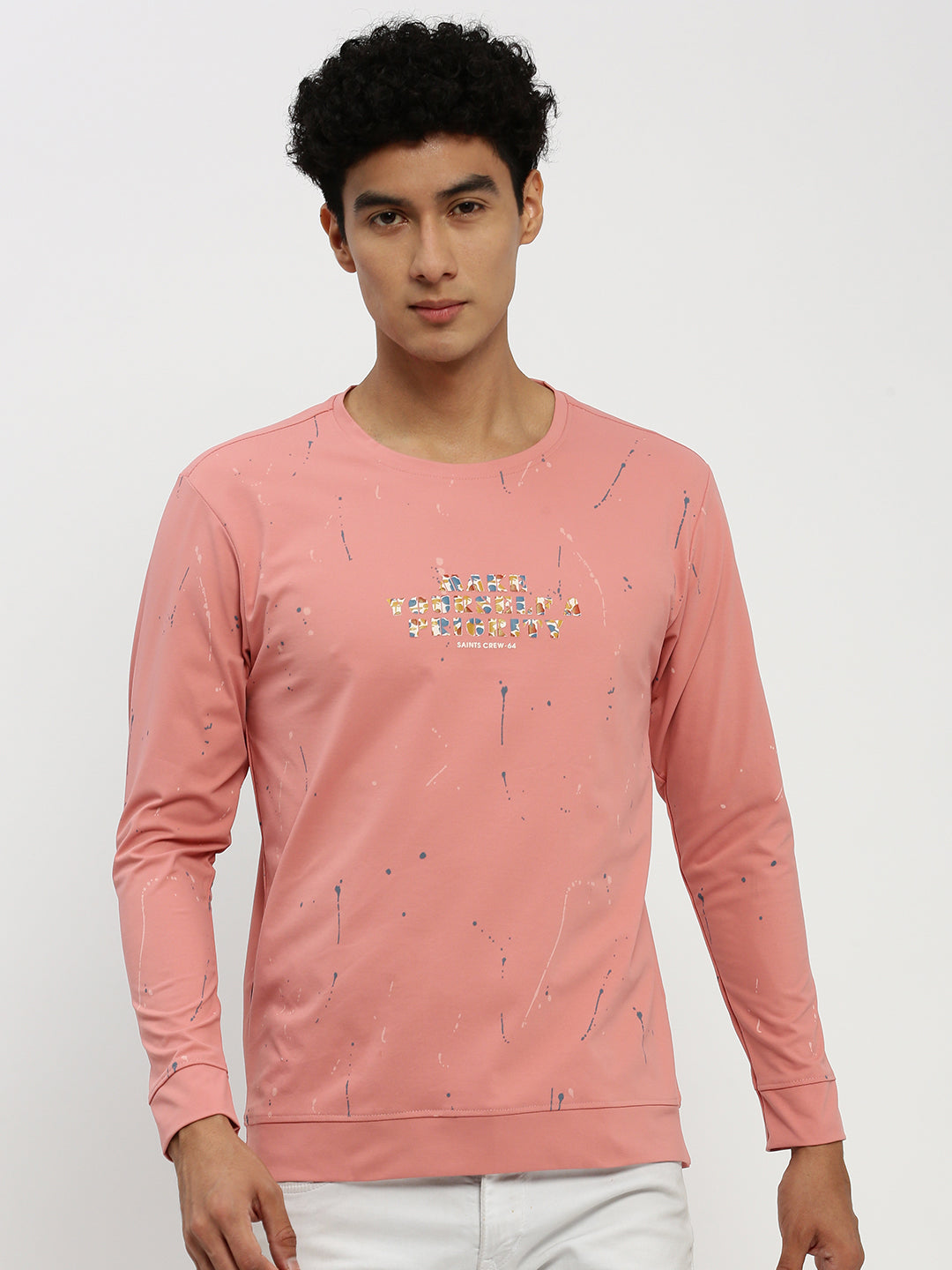 Men's Peach Printed Round Neck Cotton Sweatshirt