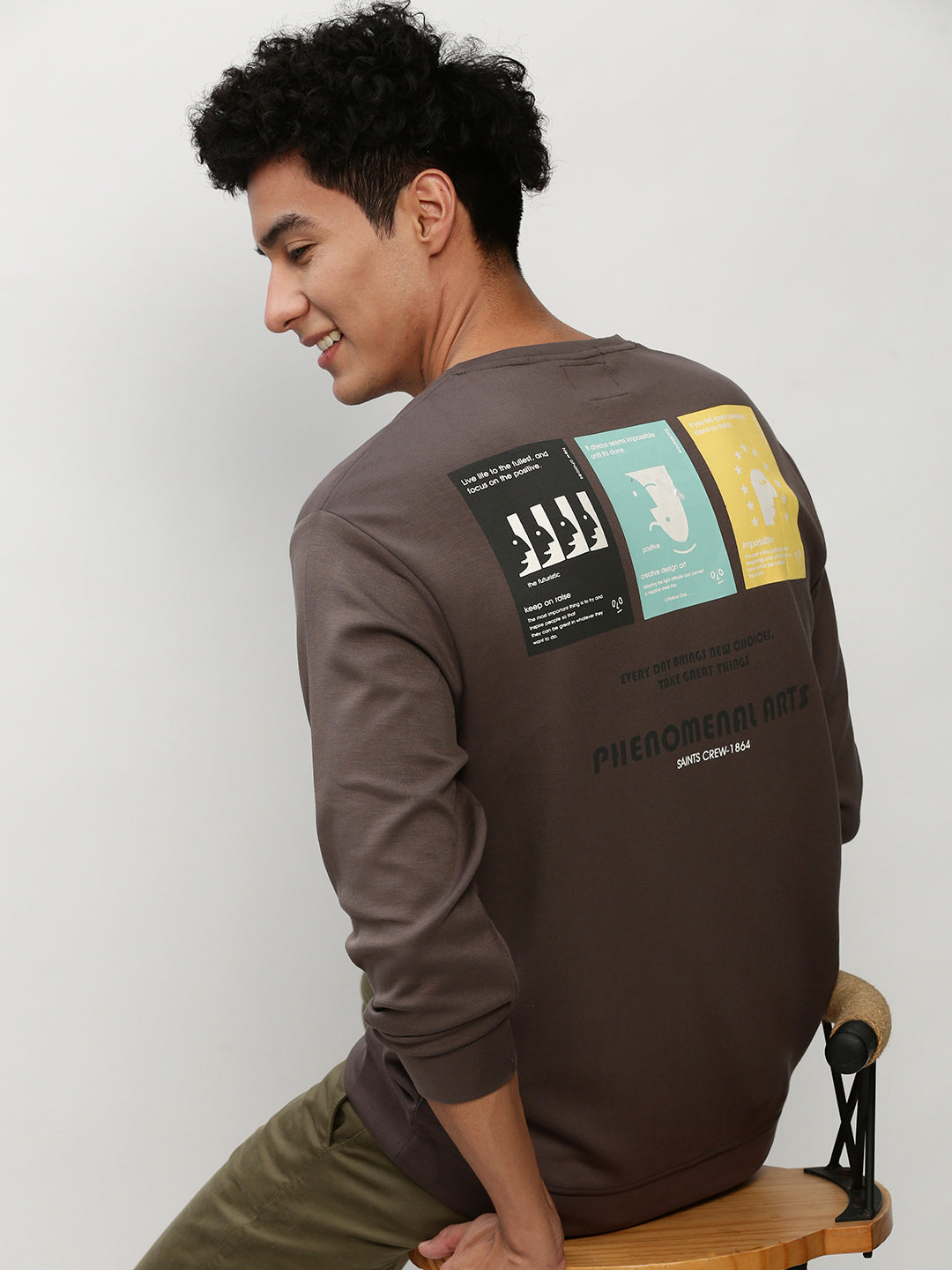 Men's Grey Graphic Printed Long Sleeves Cotton Terry Pullover Sweatshirt